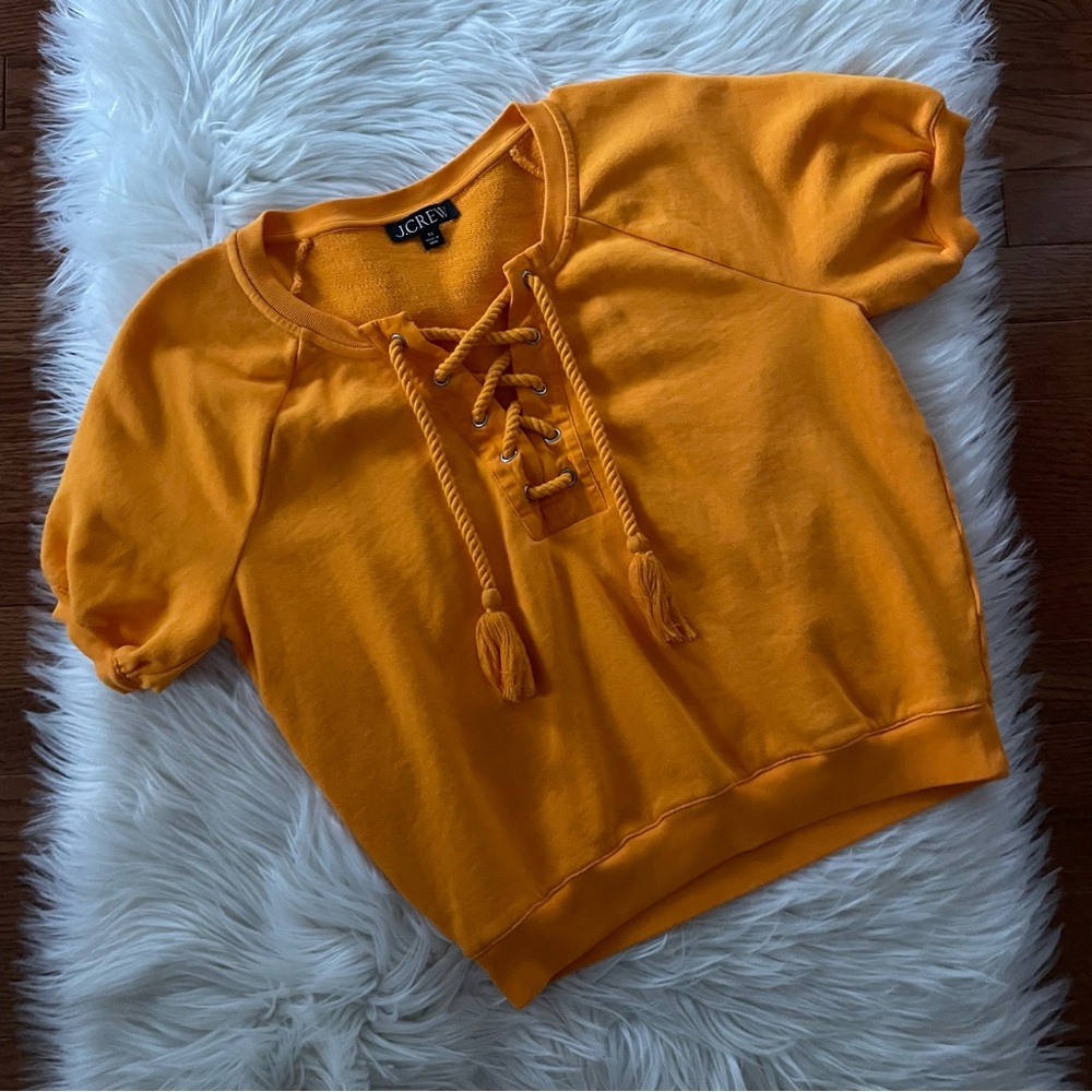 J Crew University Terry Short Sleeve Lace Up Shirt Apricot Size XS Summer Boho